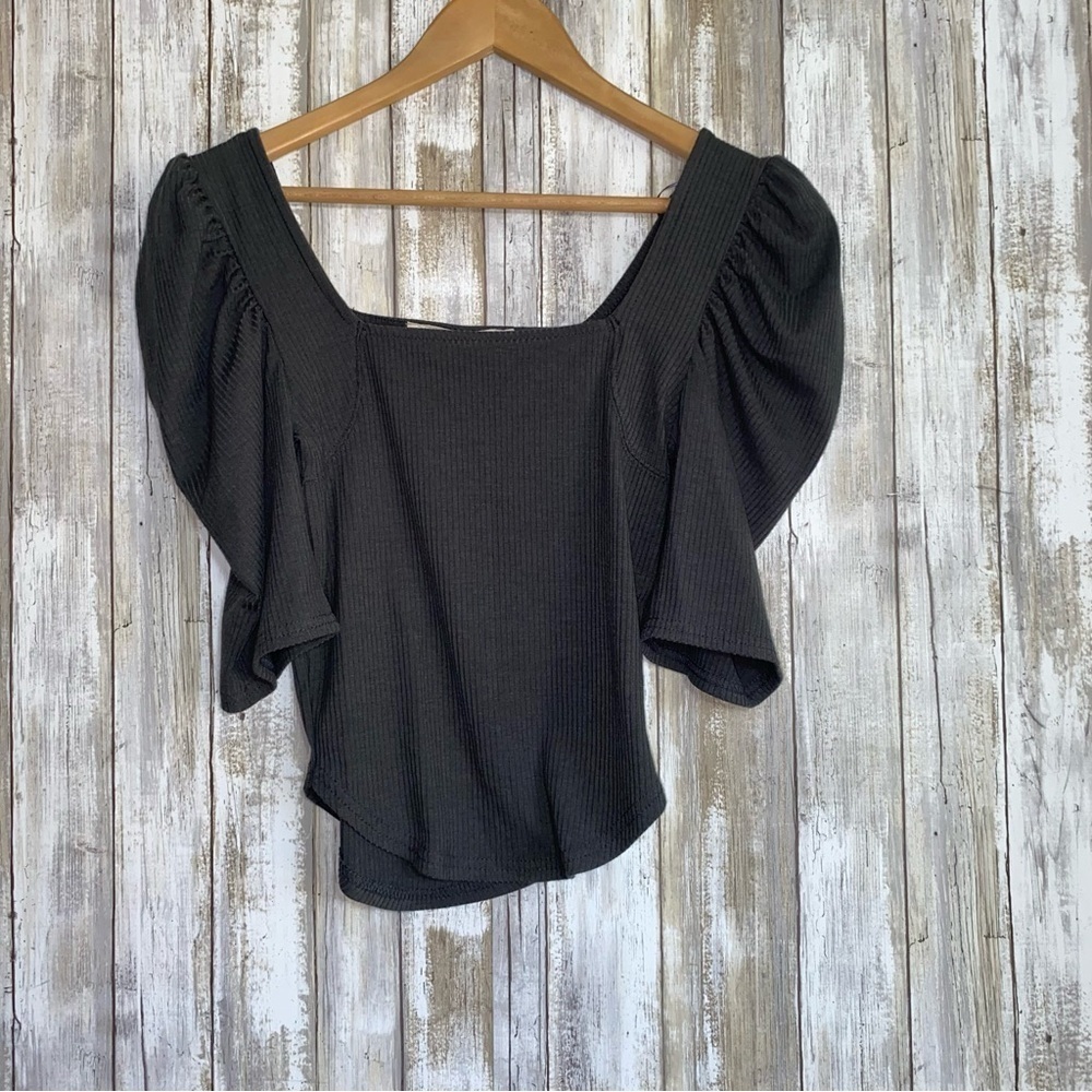 Free People We The Free Night Lil Puff Sleeve Top Gray Square Neck Fitted Blouse - Picture 2 of 6
